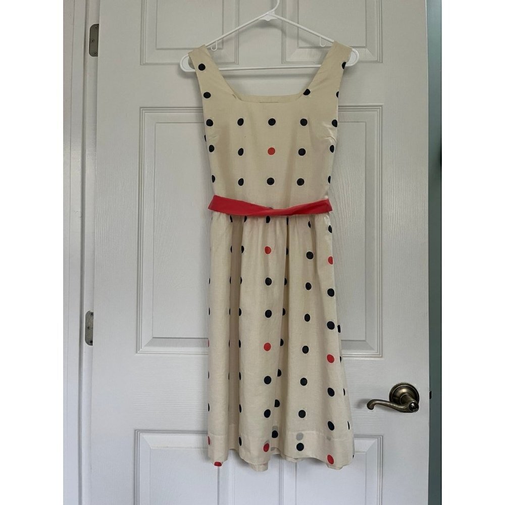 Garnet Hill Cream Polka Dot Sleeveless Dress with Red Waistband